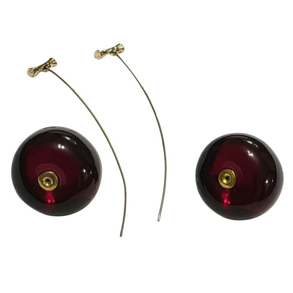 Red Cherry Drop Earrings Gold-Tone Stems Studs Dangle Resin Fruit Jewelry - Picture 4 of 7